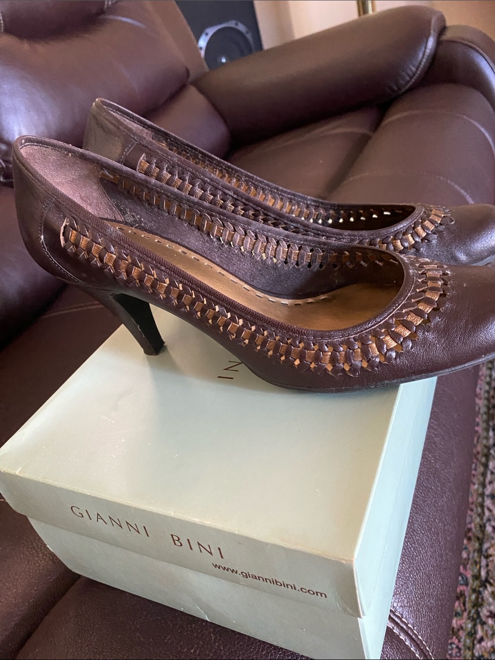 Gianni Bini Brown Woven Leather Mid Pumps